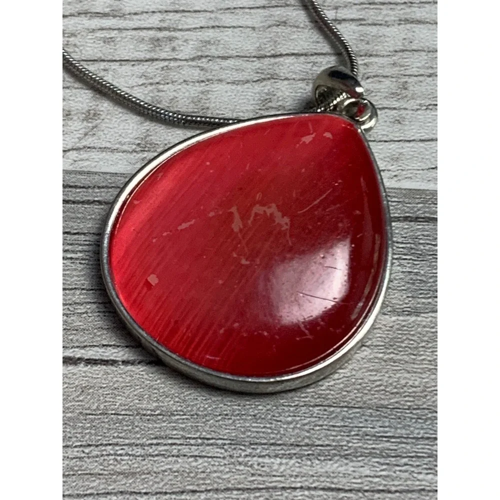 Red Teardrop Pendant Necklace Silver Tone Snake Chain Adjustable 20 Inch